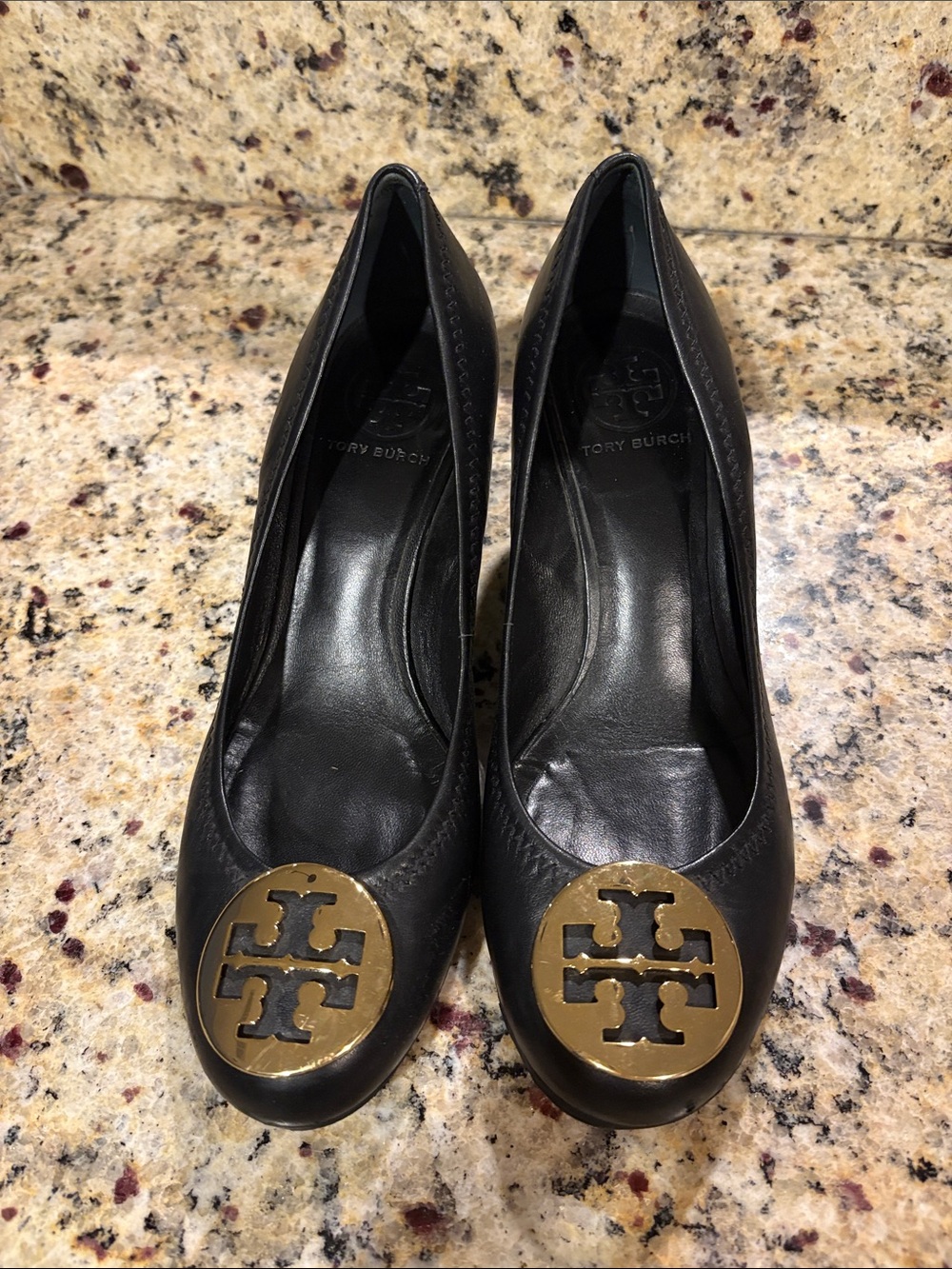 Tory Burch Black Leather Heels with Gold Logo Medallion